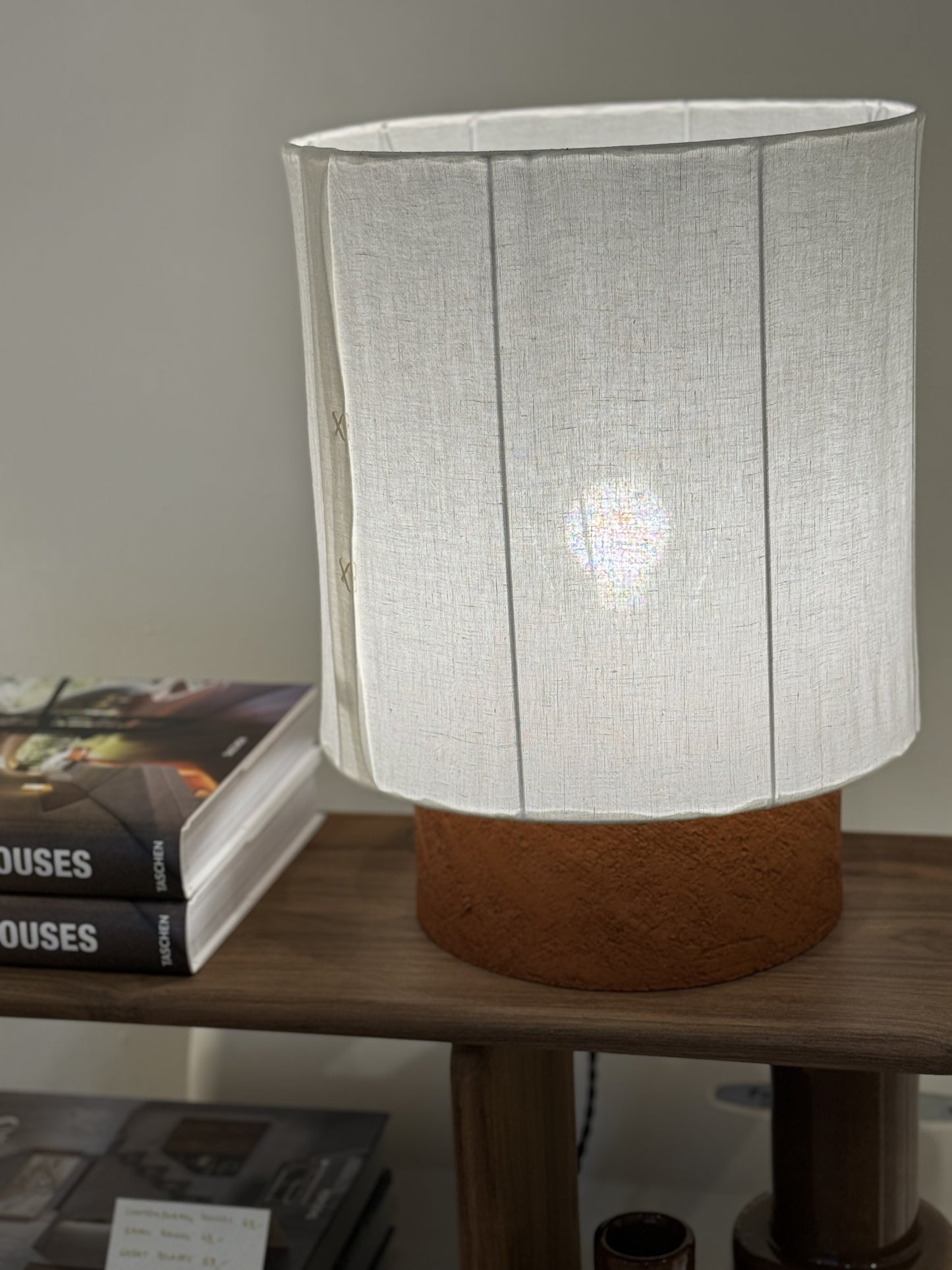 Terracotta sandstone lamp & linen lampshade