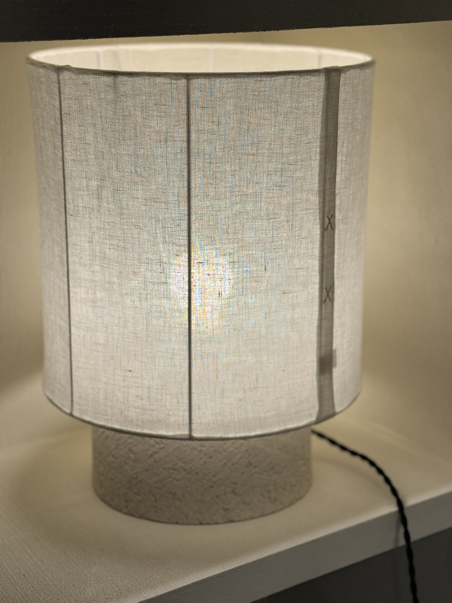 White sandstone lamp & linen lampshade