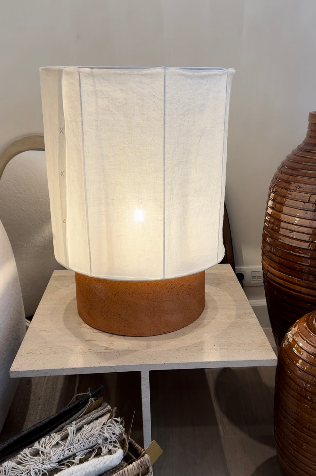 Terracotta sandstone lamp & linen lampshade
