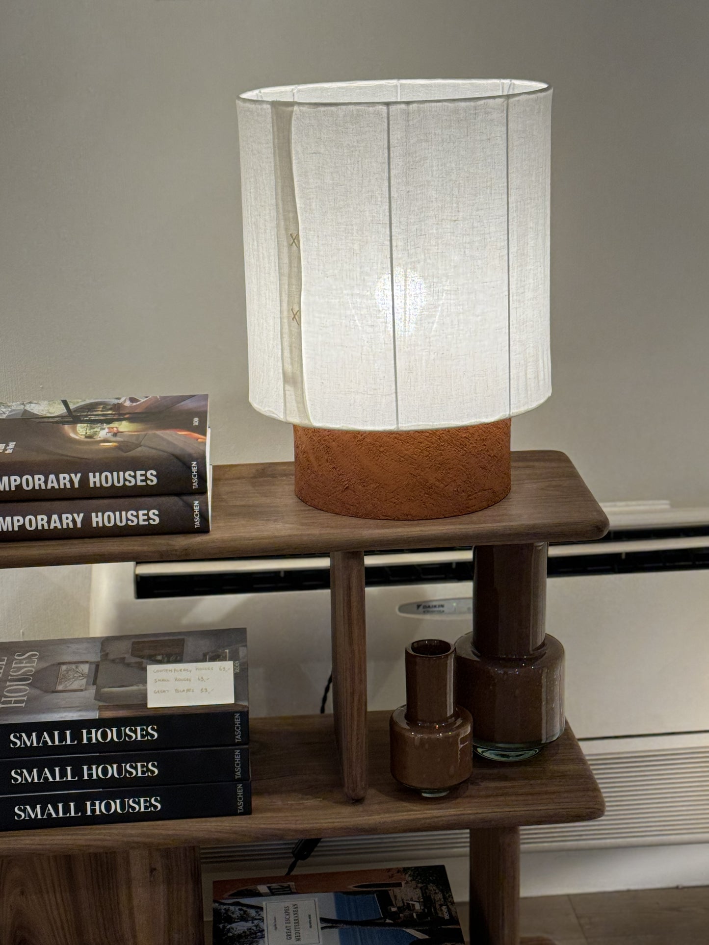 Terracotta sandstone lamp & linen lampshade