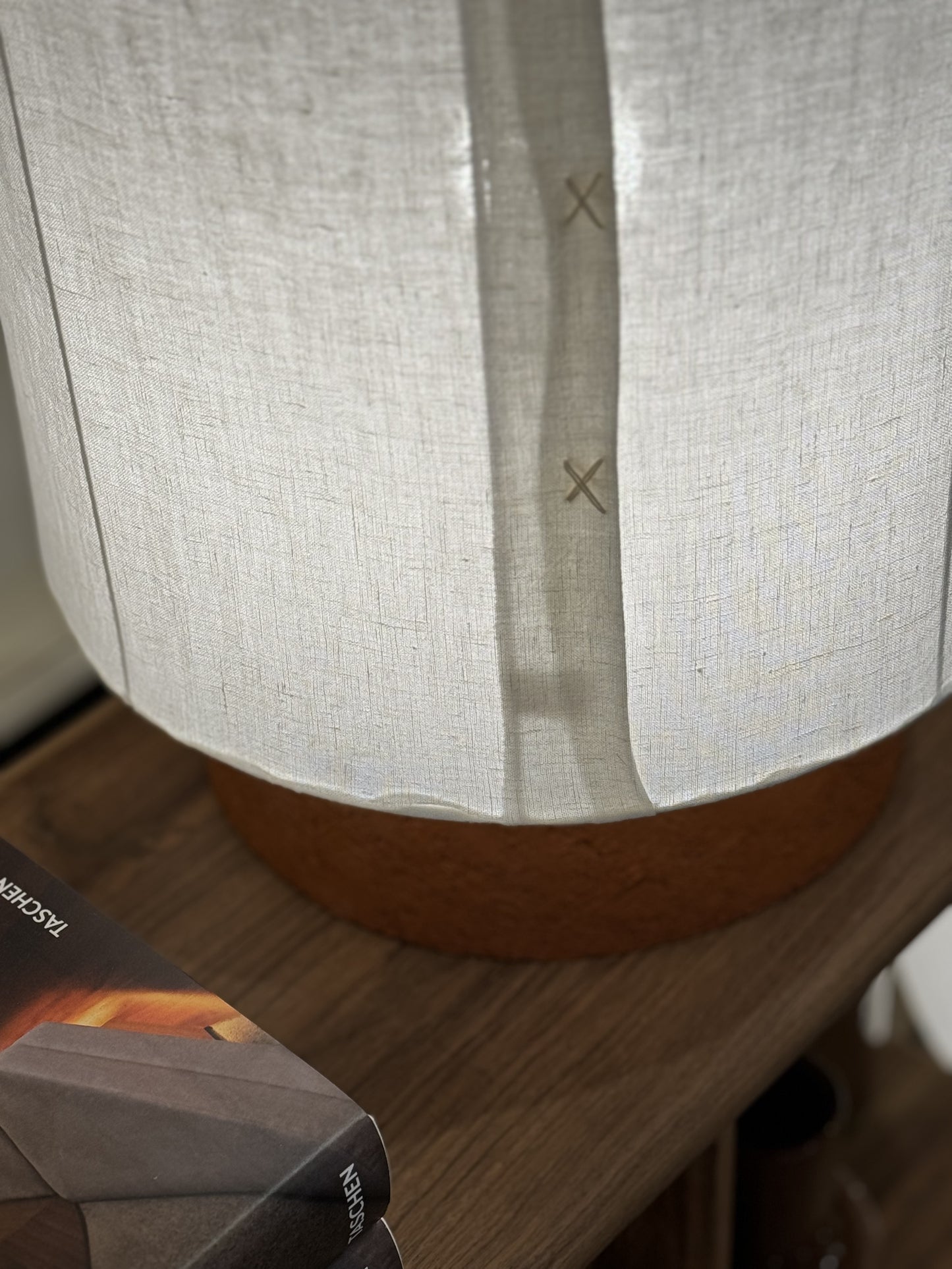 Terracotta sandstone lamp & linen lampshade