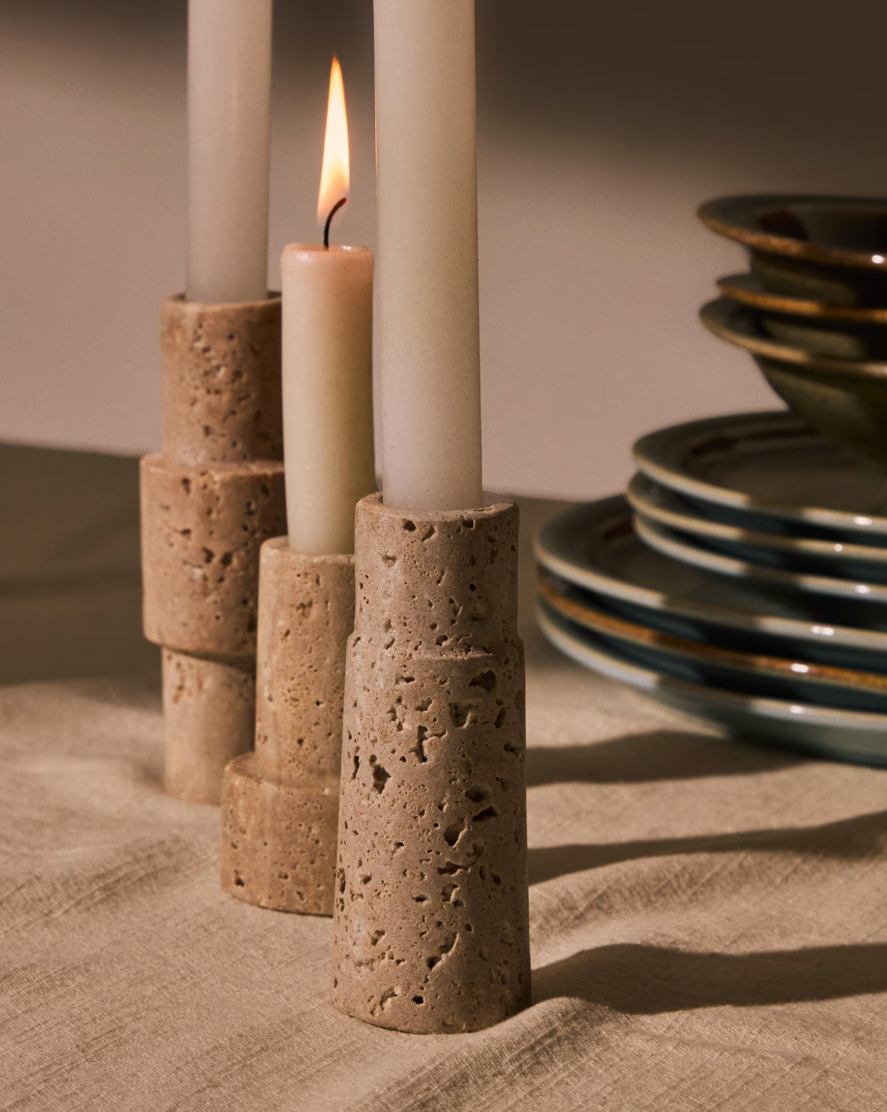 Travertine candle holders - set of 3